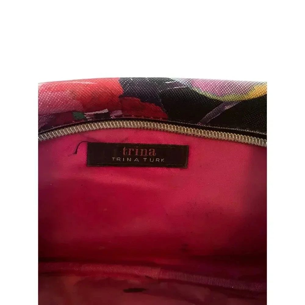 Trina Turk Black Floral Print Zipper Toiletry Pouch Cosmetic Bag